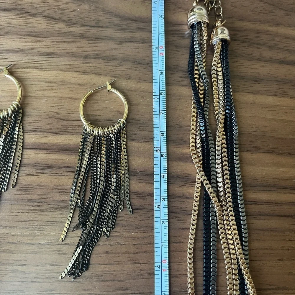 Vintage Y2K 00s Oversized Tricolor Chain Necklace Fringe Earrings Set Boho B3